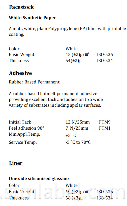 Ha18qe2822 54u Synthetic Paper Rubber Based Permanent White Glassine